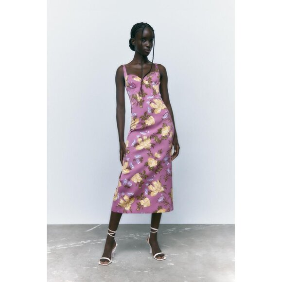 ZARA Printed Corset Style Midi Dress New in Purple size Medium - Picture 1 of 13
